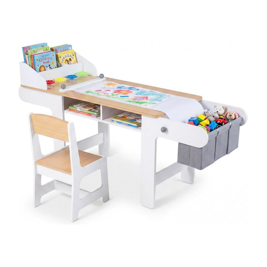 Kids Art Table with Paper Roll and Fabric Bins for Drawing Reading and Playing-Natural
