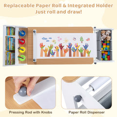 Kids Art Table with Paper Roll and Fabric Bins for Drawing Reading and Playing-Natural
