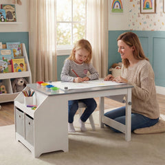 Kids Art Table with Paper Roll and Storage Shelves for Playroom Nursery-Gray