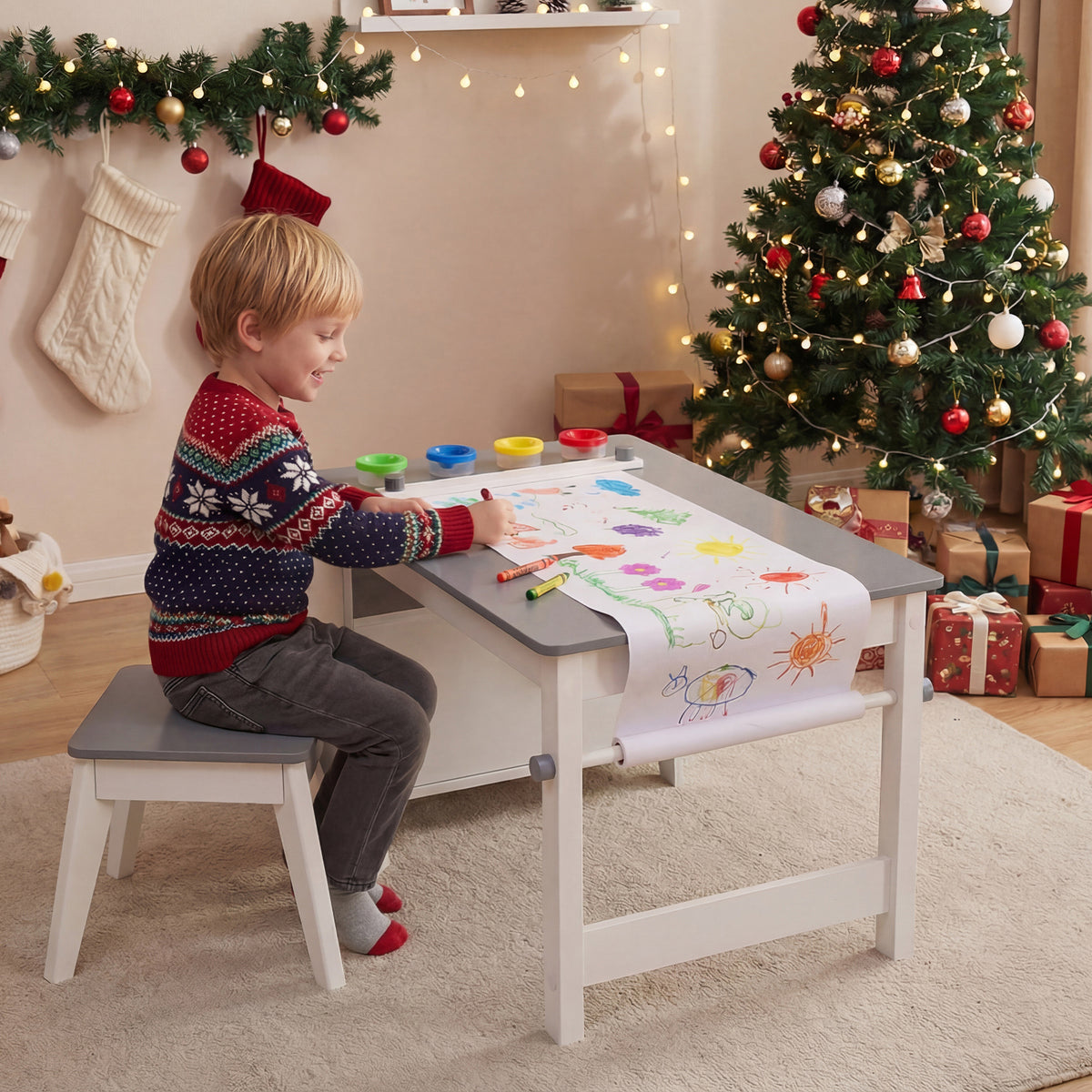 Kids Art Table with Paper Roll and Storage Shelves for Playroom Nursery-Gray