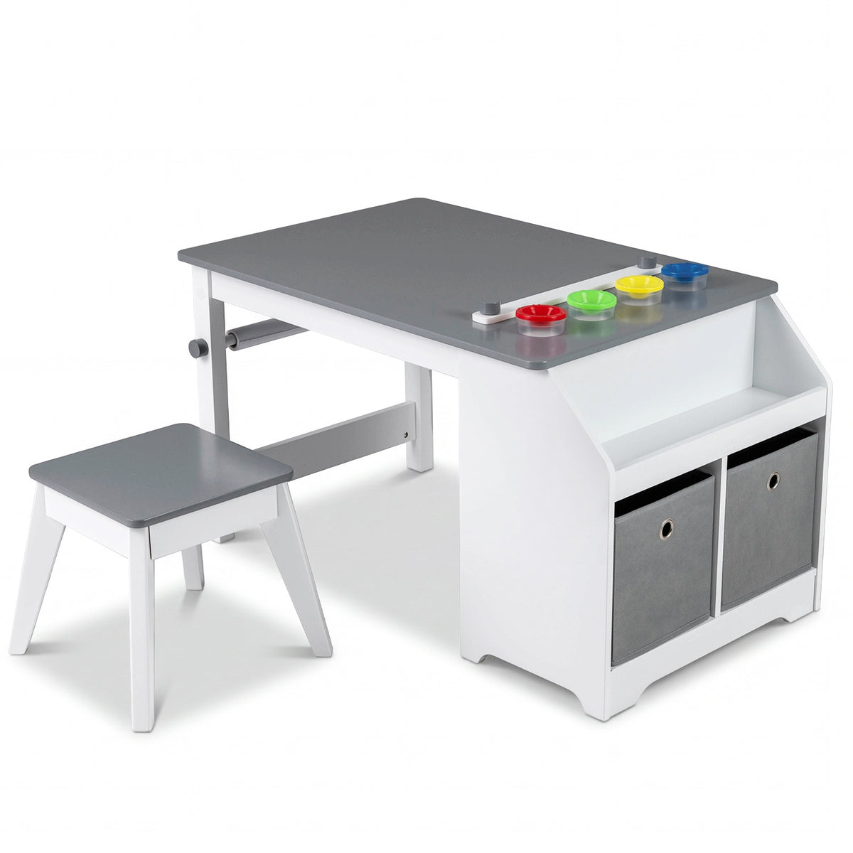 Kids Art Table with Paper Roll and Storage Shelves for Playroom Nursery-Gray