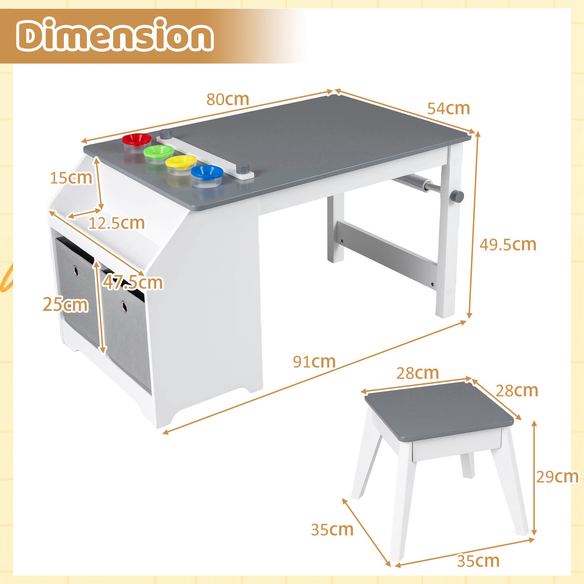 Kids Art Table with Paper Roll and Storage Shelves for Playroom Nursery-Gray