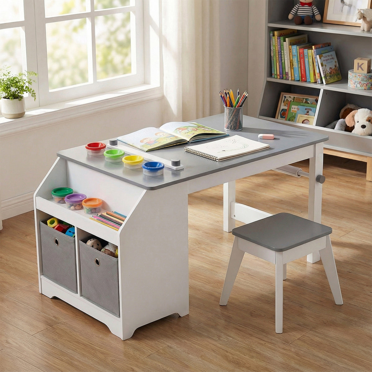 Kids Art Table with Paper Roll and Storage Shelves for Playroom Nursery-Gray