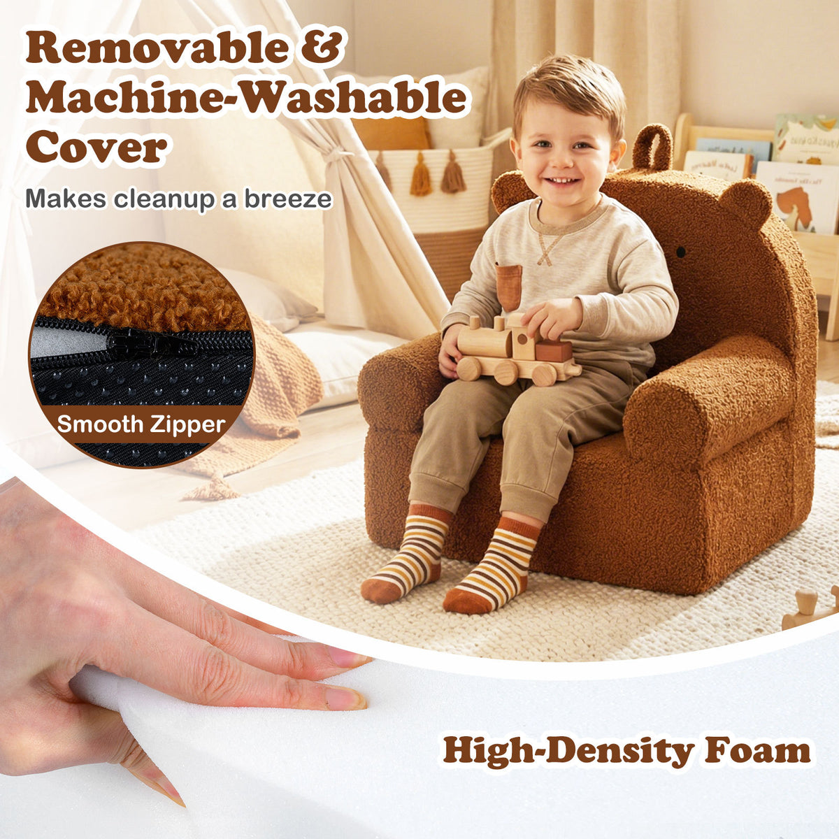 Kids Bear Sofa with Soft Fleece Fabric Cover-Brown