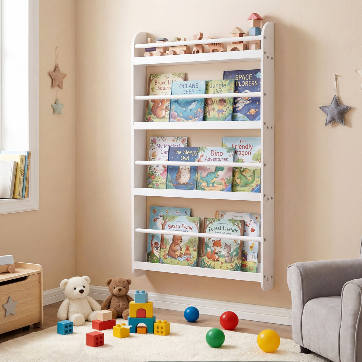 Kids Bookshelf 4-Tier Wall Mounted Book Shelf for Toys and Books-White