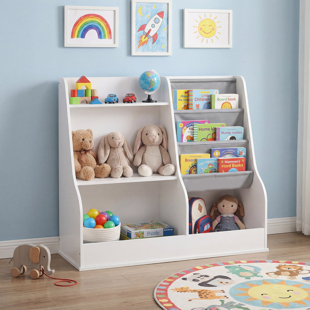 Kids Bookshelf 80 CM Wooden Toy Storage Organizer with 3 Tiers of Fabric Pockets-White