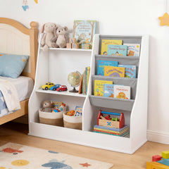 Kids Bookshelf 80 CM Wooden Toy Storage Organizer with 3 Tiers of Fabric Pockets-White