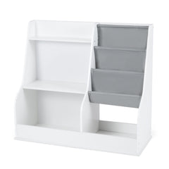 Kids Bookshelf 80 CM Wooden Toy Storage Organizer with 3 Tiers of Fabric Pockets-White