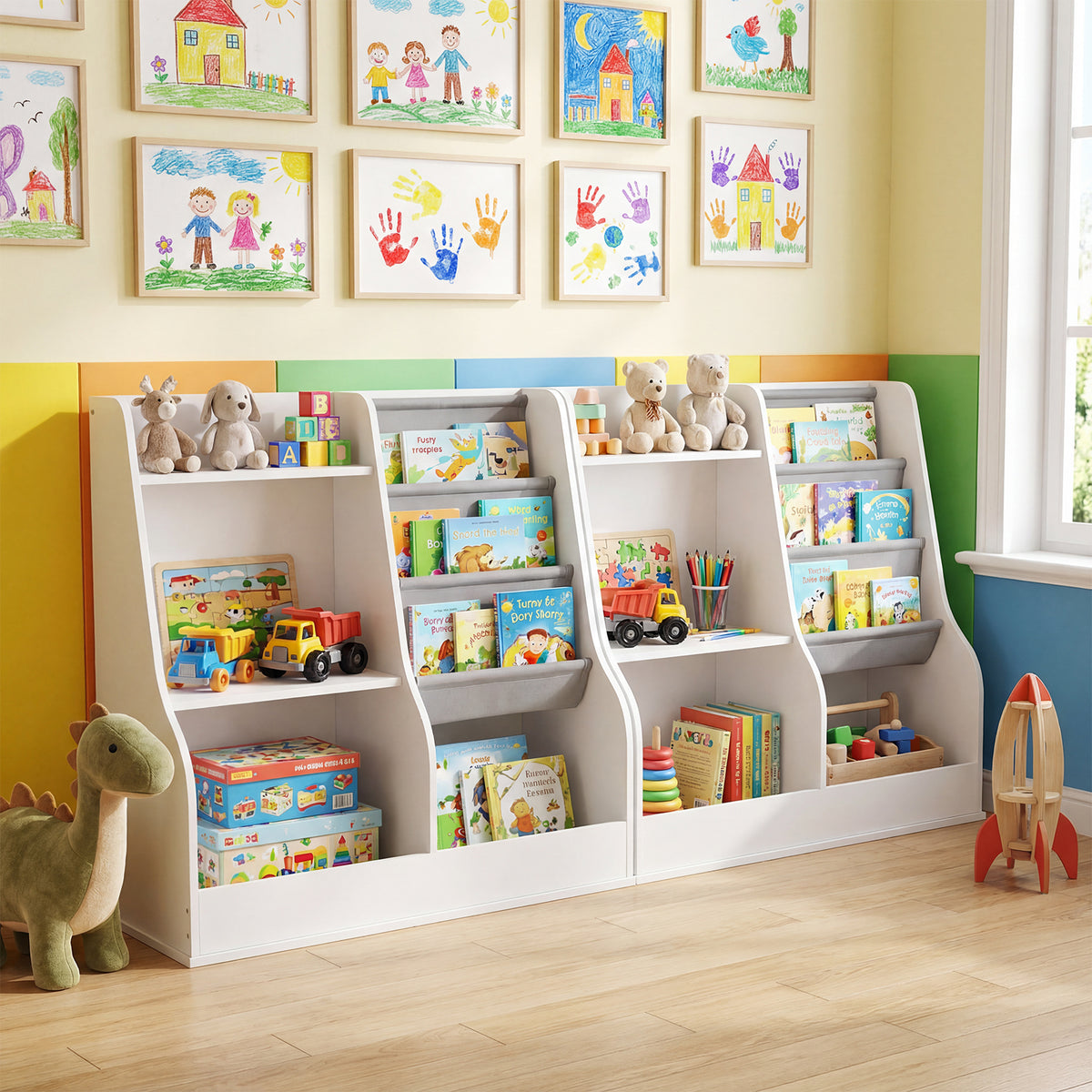 Kids Bookshelf 80 CM Wooden Toy Storage Organizer with 3 Tiers of Fabric Pockets-White