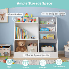 Kids Bookshelf 80 CM Wooden Toy Storage Organizer with 3 Tiers of Fabric Pockets-White