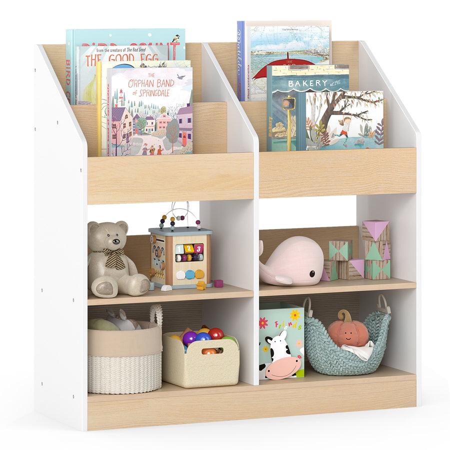 Kids Bookshelf Toddler Book Stand with 4 Upright Cubes and 4 Storage Compartments-White