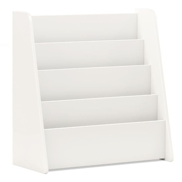 The white wooden bookshelf with five tiered shelves for displaying children's books