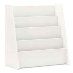 The white wooden bookshelf with five tiered shelves for displaying children's books