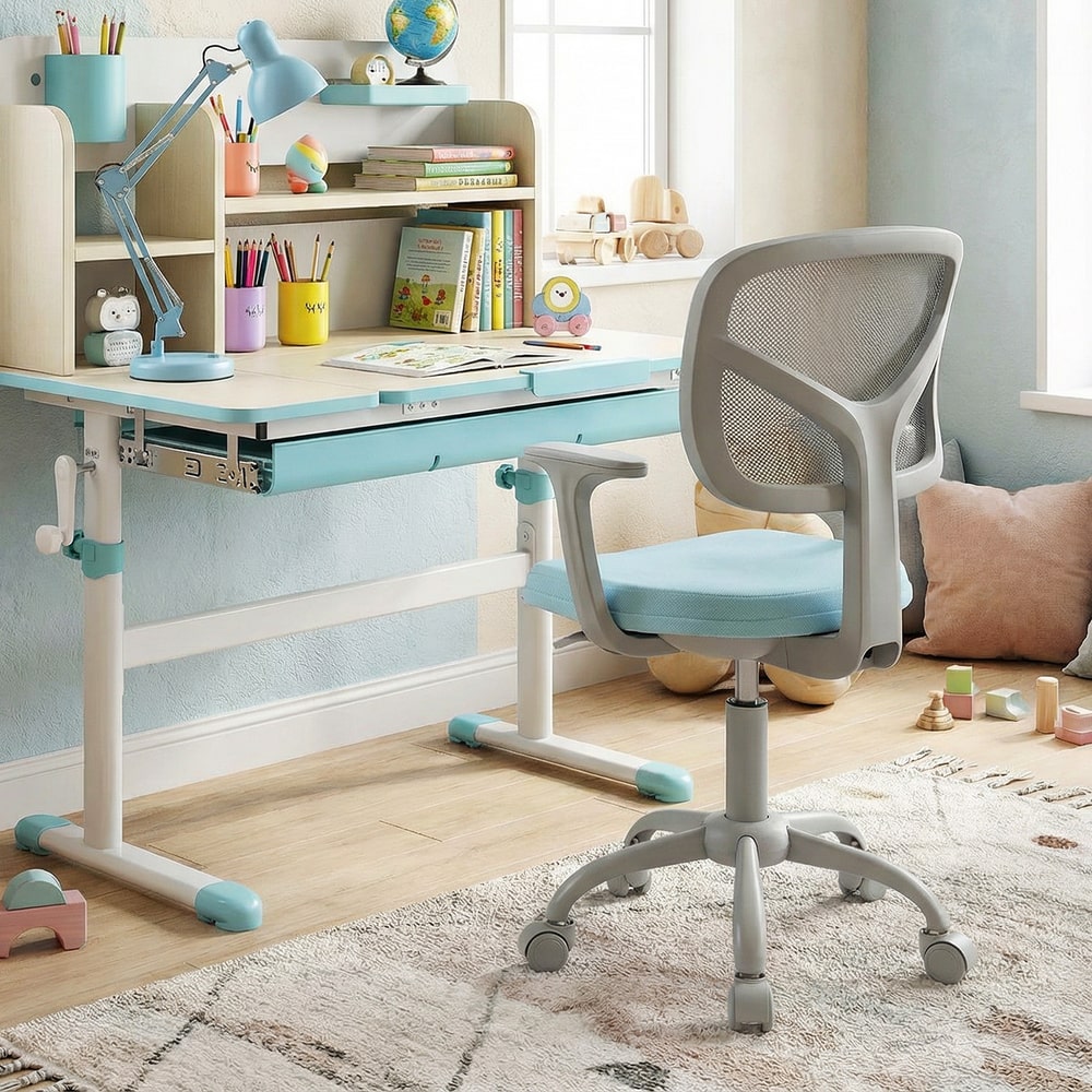 The blue kids desk chair is positioned next to a child's desk