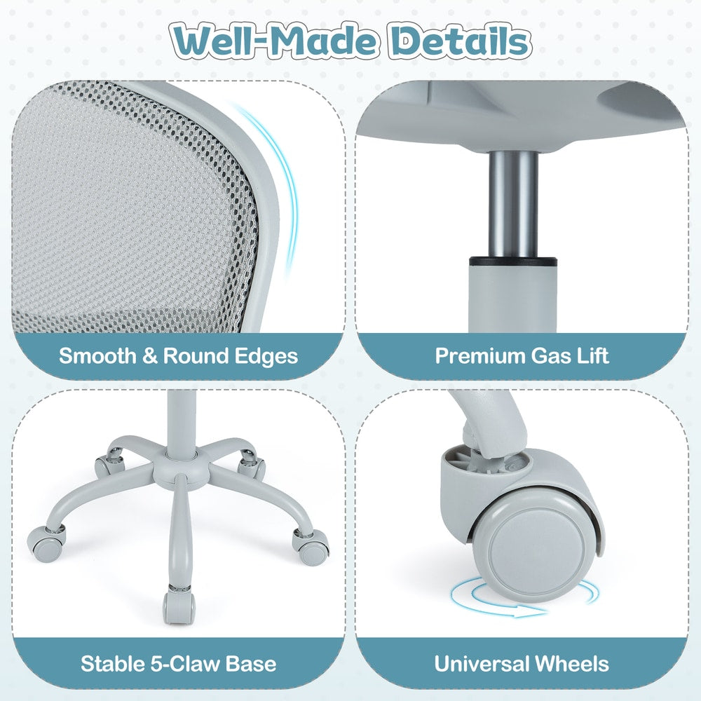 Close up details of the kids desk chair base and wheels