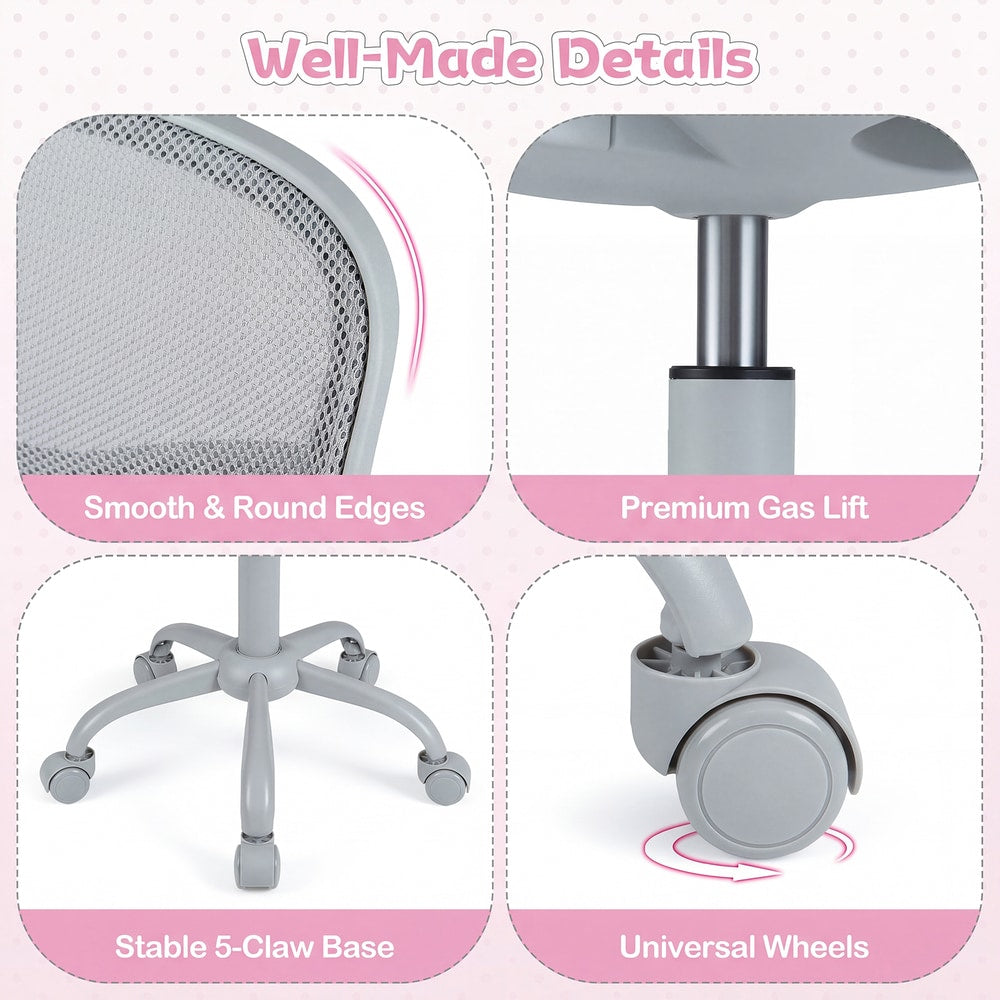 Close up details of the pink kids desk chair base and wheels