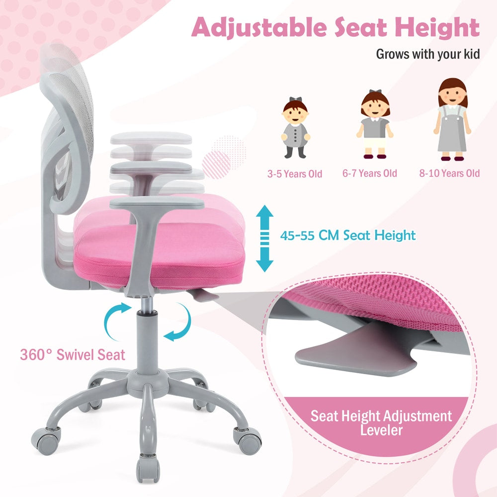 The kids desk chair shows adjustable seat height and swivel features