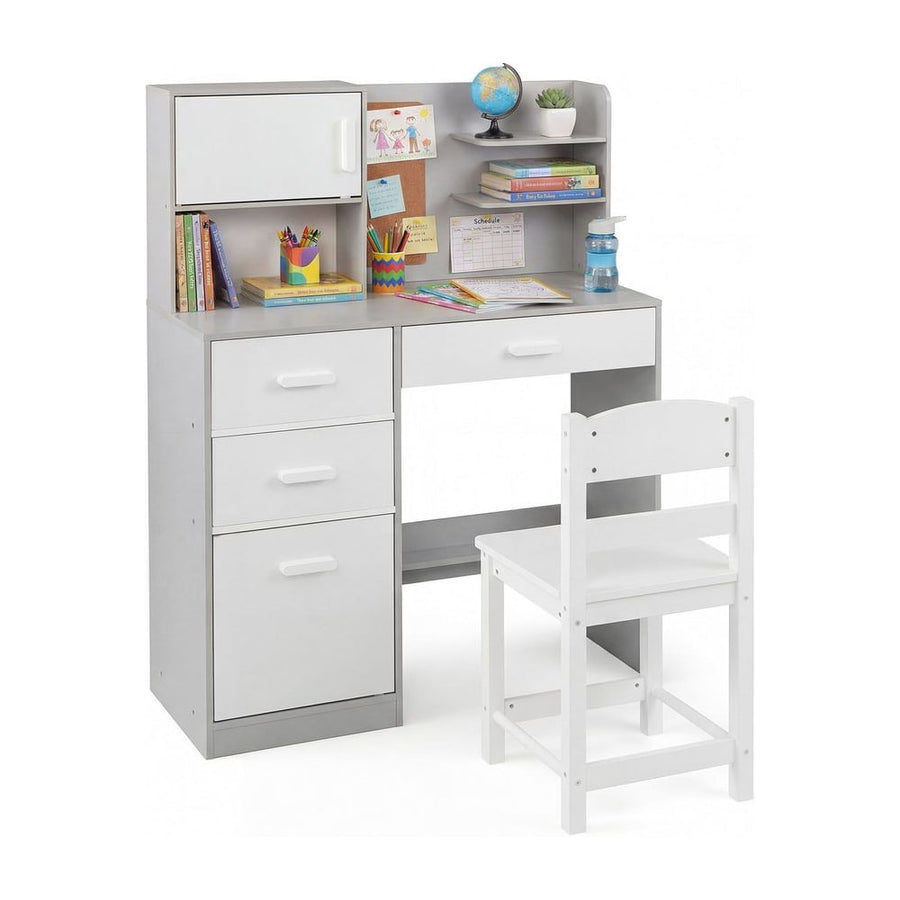 Kids Desk and Chair Set Study Table with Hutch Bulletin Board 3 Drawers-Grey