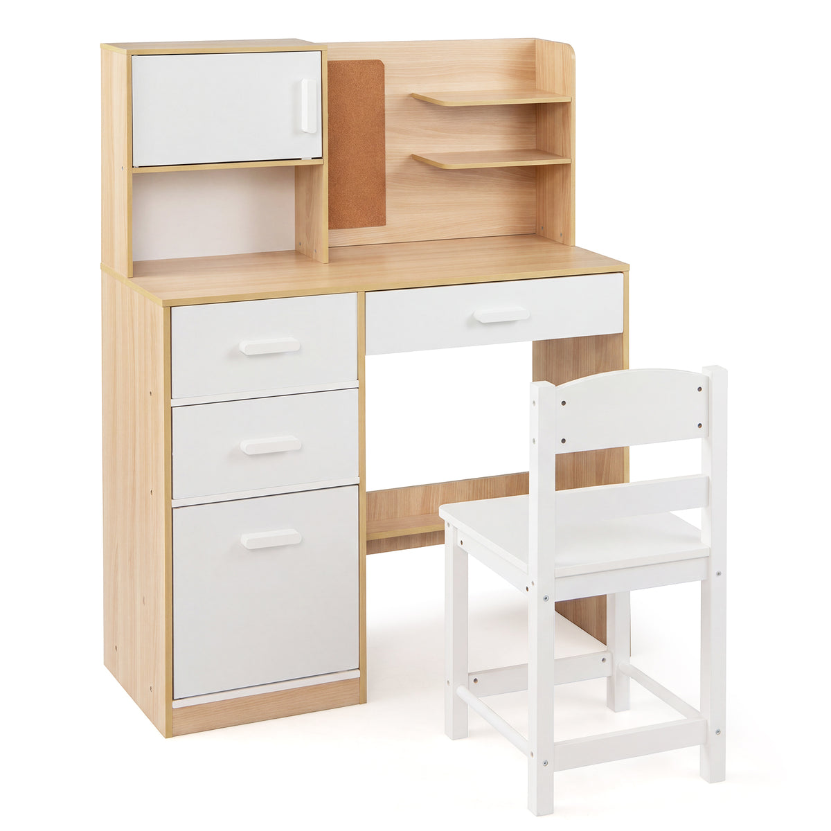 Kids Desk and Chair Set Study Table with Hutch Bulletin Board 3 Drawers-Natural