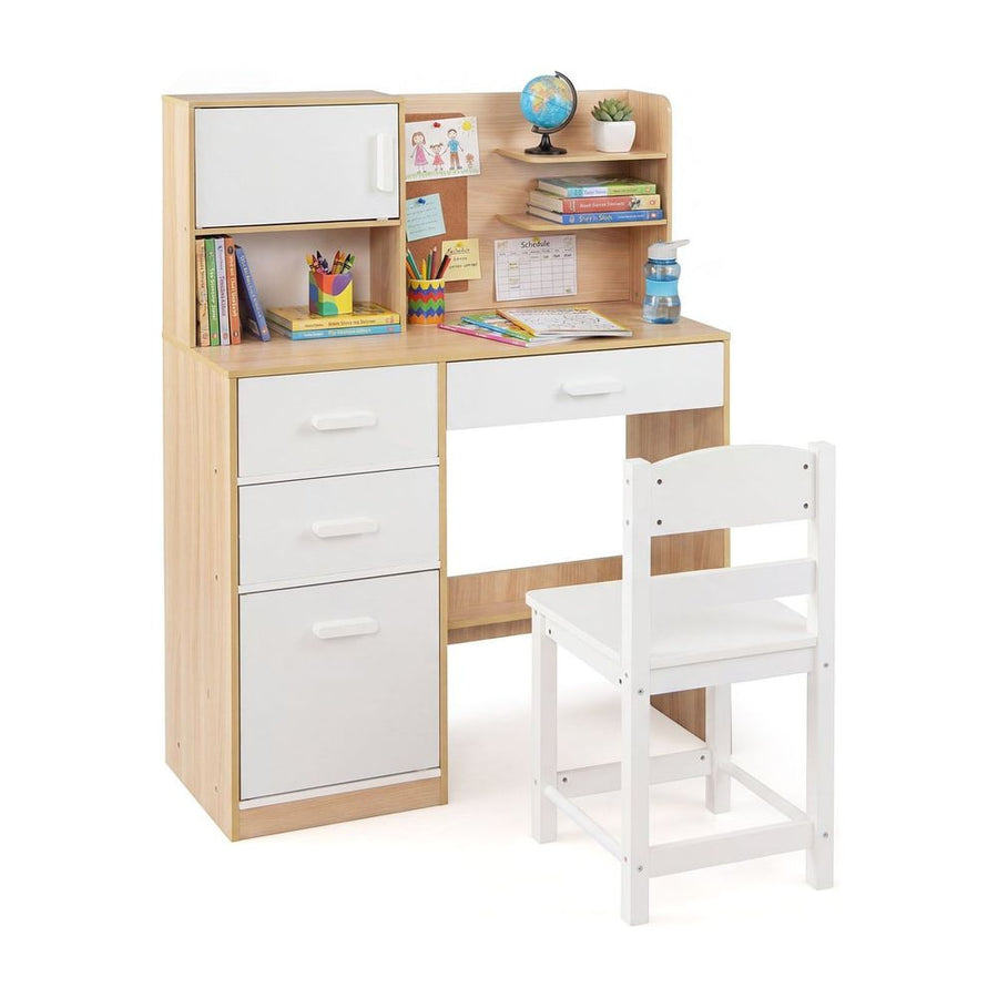 Kids Desk and Chair Set Study Table with Hutch Bulletin Board 3 Drawers-Natural