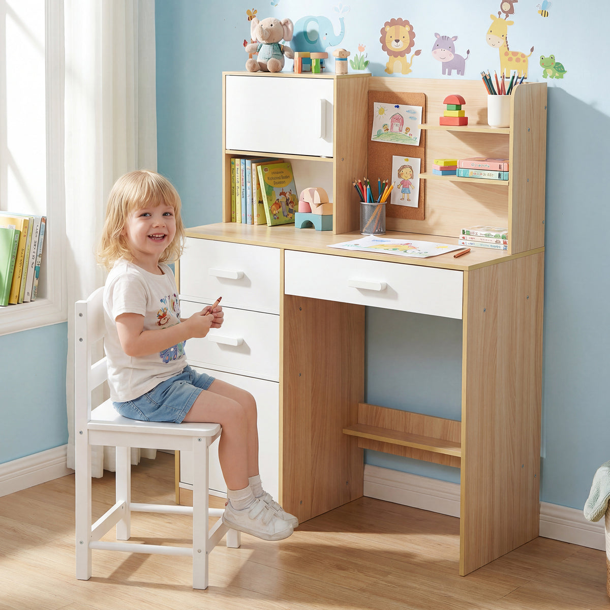 Kids Desk and Chair Set Study Table with Hutch Bulletin Board 3 Drawers-Natural