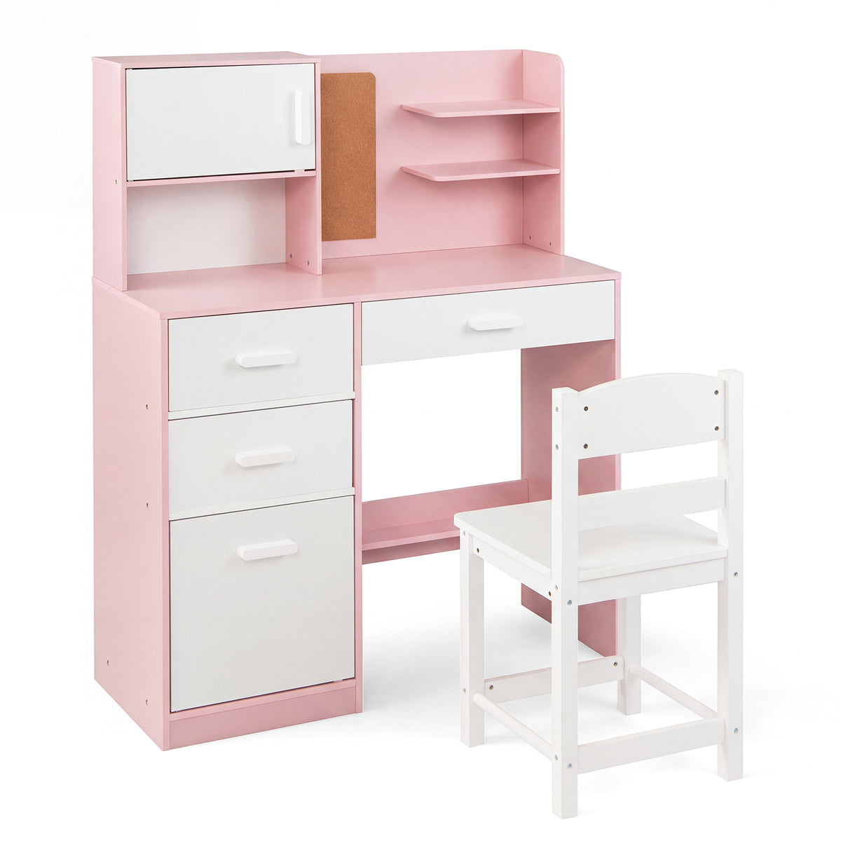 Kids Desk and Chair Set Study Table with Hutch Bulletin Board 3 Drawers-Pink