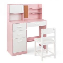 Kids Desk and Chair Set Study Table with Hutch Bulletin Board 3 Drawers-Pink