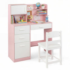 Kids Desk and Chair Set Study Table with Hutch Bulletin Board 3 Drawers-Pink
