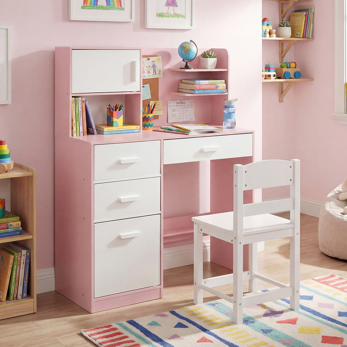 Kids Desk and Chair Set Study Table with Hutch Bulletin Board 3 Drawers-Pink