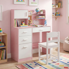 Kids Desk and Chair Set Study Table with Hutch Bulletin Board 3 Drawers-Pink