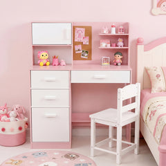 Kids Desk and Chair Set Study Table with Hutch Bulletin Board 3 Drawers-Pink