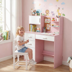 Kids Desk and Chair Set Study Table with Hutch Bulletin Board 3 Drawers-Pink