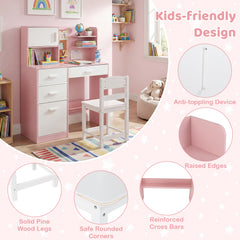 Kids Desk and Chair Set Study Table with Hutch Bulletin Board 3 Drawers-Pink