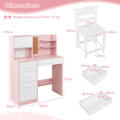 Kids Desk and Chair Set Study Table with Hutch Bulletin Board 3 Drawers-Pink