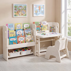 Kids Desk and Chair Set with Side Bookshelves and Whiteboard-Beige