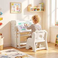 Kids Desk and Chair Set with Side Bookshelves and Whiteboard-Beige