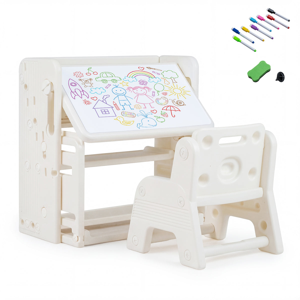 Kids Desk and Chair Set with Side Bookshelves and Whiteboard-Beige