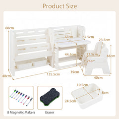 Kids Desk and Chair Set with Side Bookshelves and Whiteboard-Beige