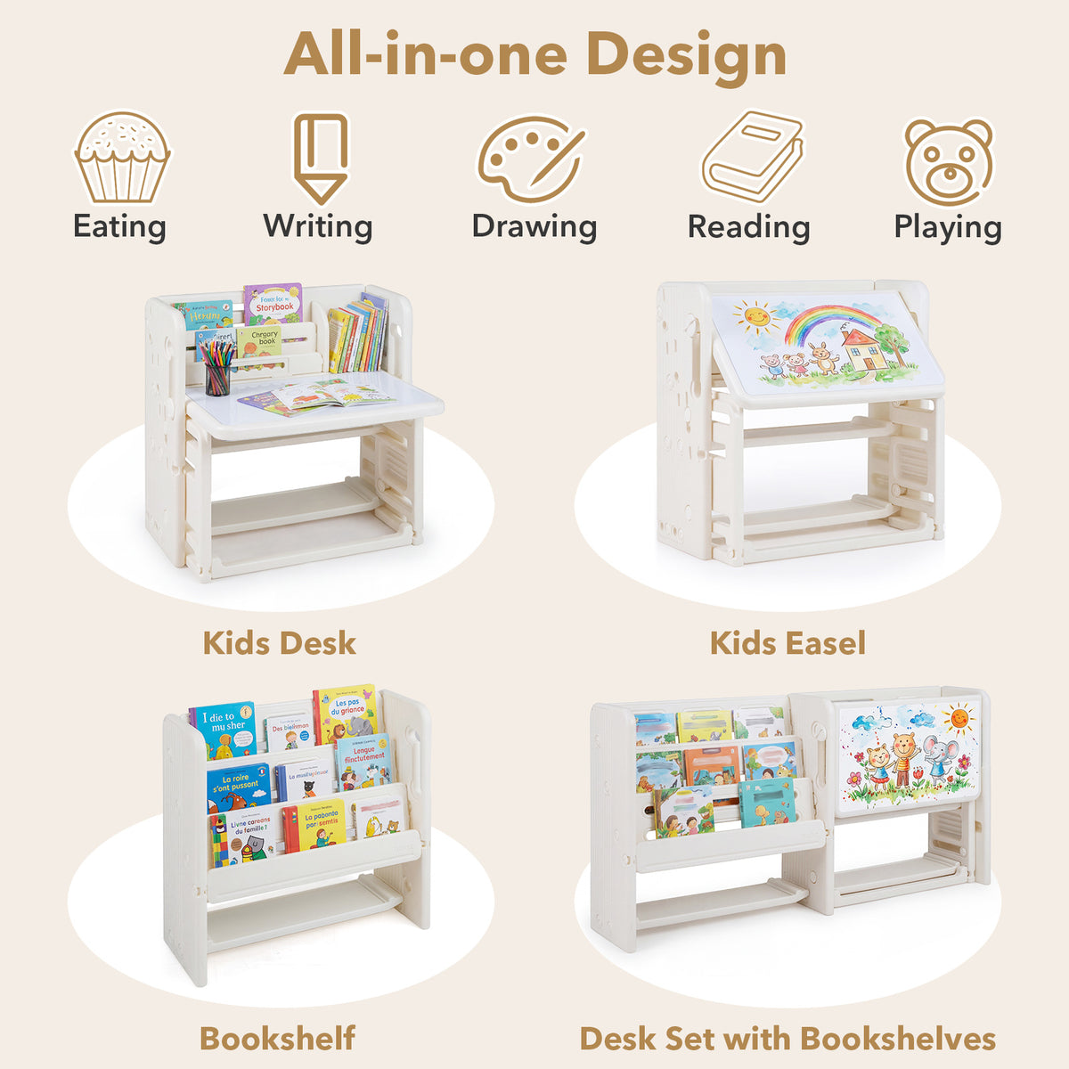 Kids Desk and Chair Set with Side Bookshelves and Whiteboard-Beige