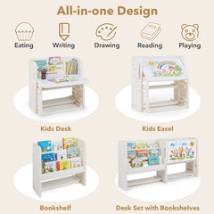 Kids Desk and Chair Set with Side Bookshelves and Whiteboard-Beige