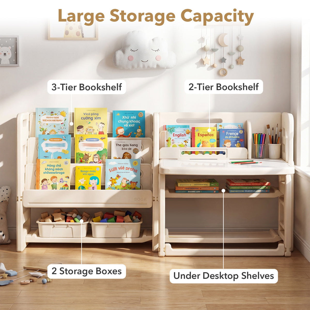 Kids Desk and Chair Set with Side Bookshelves and Whiteboard-Beige