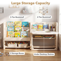 Kids Desk and Chair Set with Side Bookshelves and Whiteboard-Beige