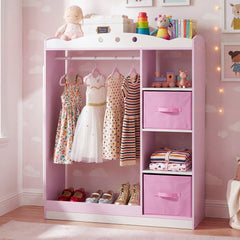 Kids Dress Up Storage with Full Length Mirror and Open Shelves-Pink
