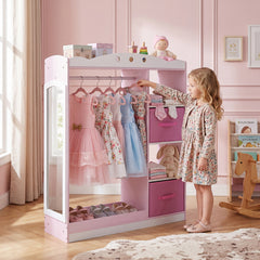 Kids Dress Up Storage with Full Length Mirror and Open Shelves-Pink