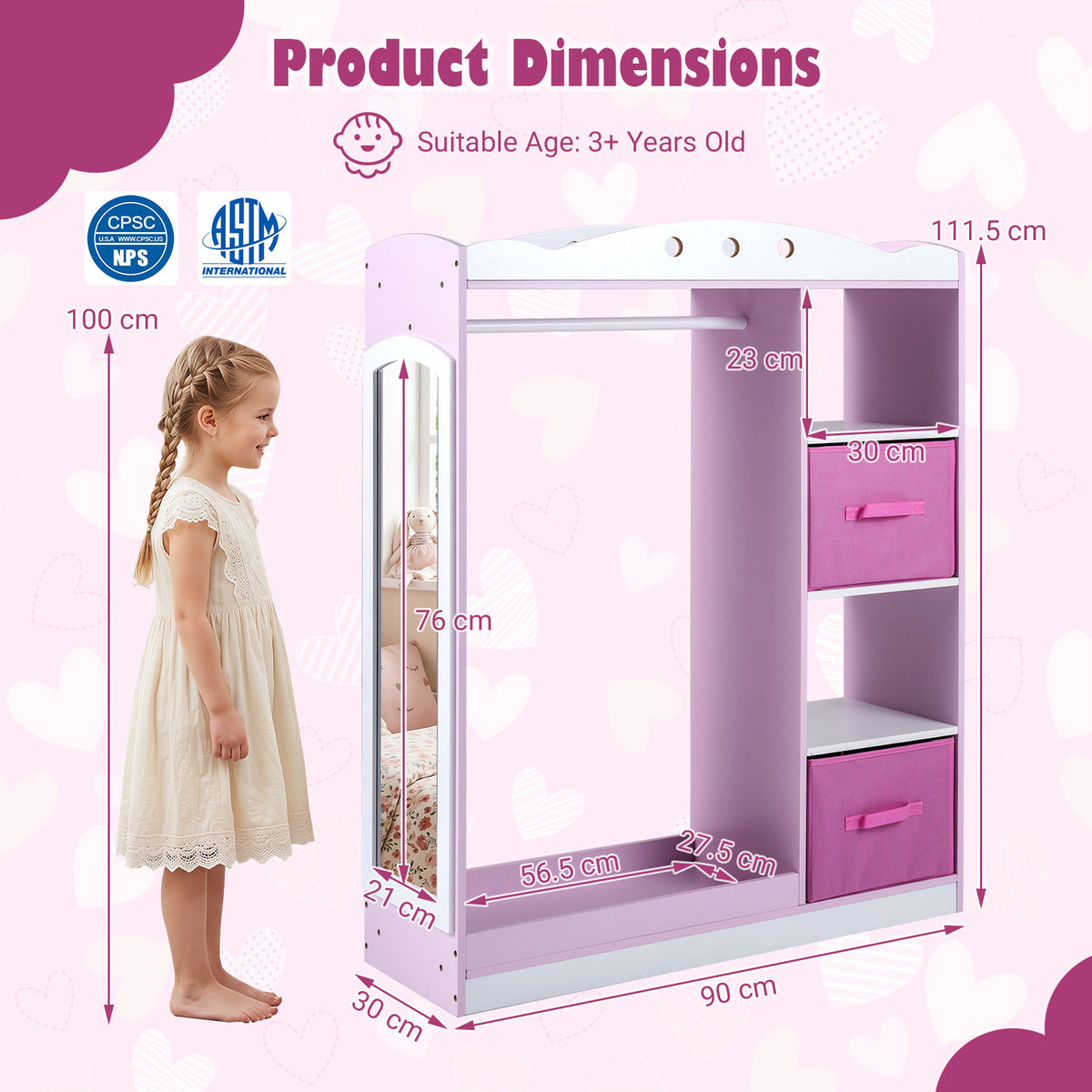 Kids Dress Up Storage with Full Length Mirror and Open Shelves-Pink