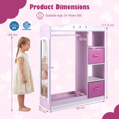 Kids Dress Up Storage with Full Length Mirror and Open Shelves-Pink