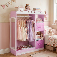 Kids Dress Up Storage with Full Length Mirror and Open Shelves-Pink