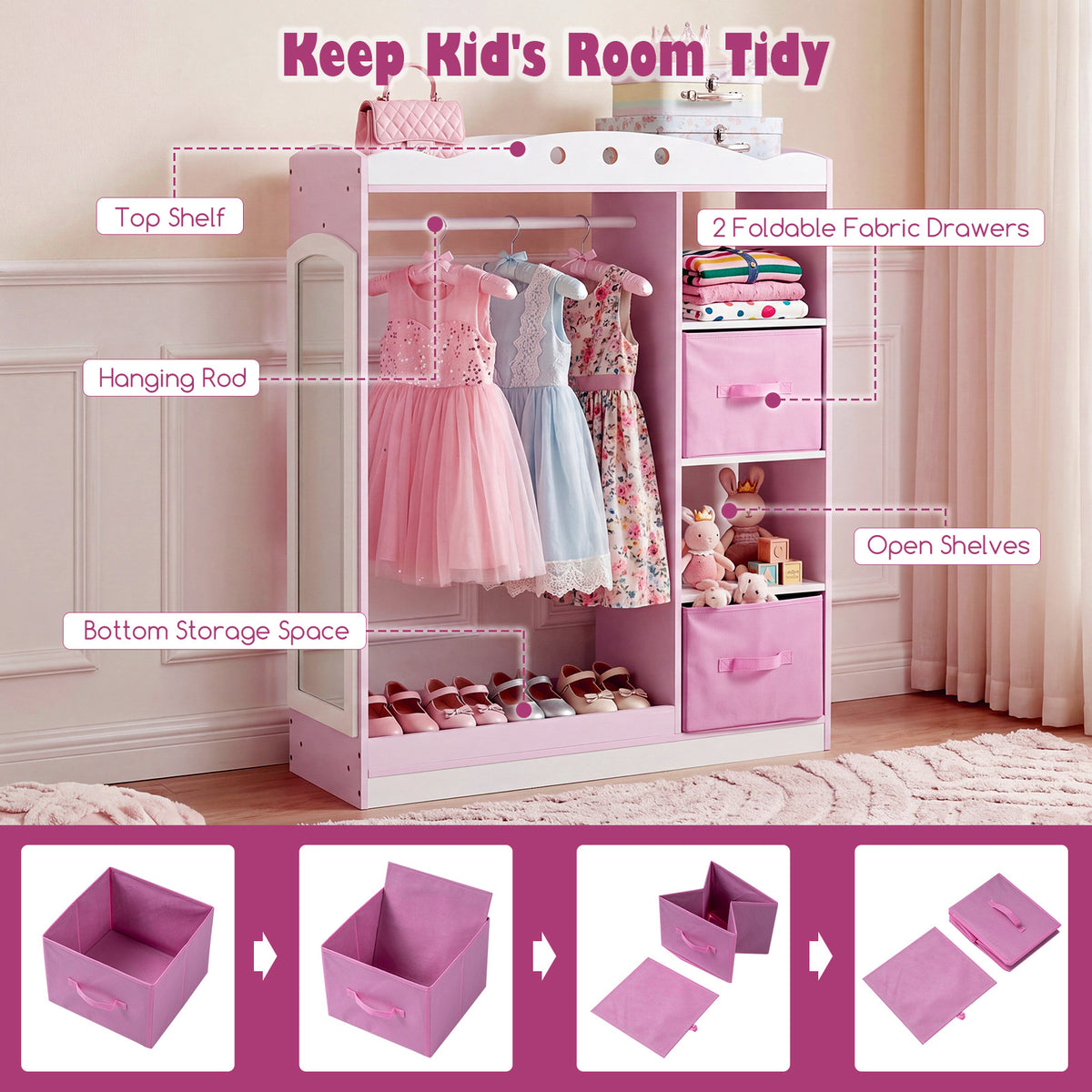 Kids Dress Up Storage with Full Length Mirror and Open Shelves-Pink