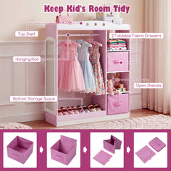 Kids Dress Up Storage with Full Length Mirror and Open Shelves-Pink