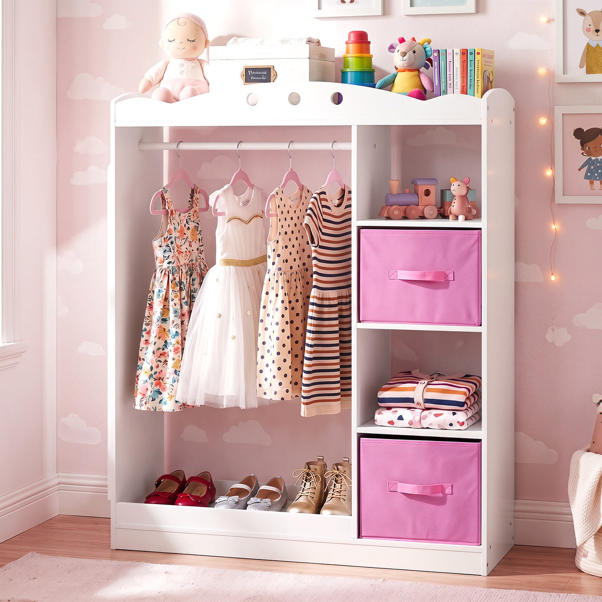 Kids Dress Up Storage with Full Length Mirror and Open Shelves-White